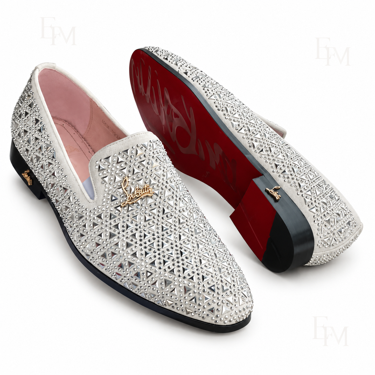 Striped Triangular-Stud Loafers – White and Silver