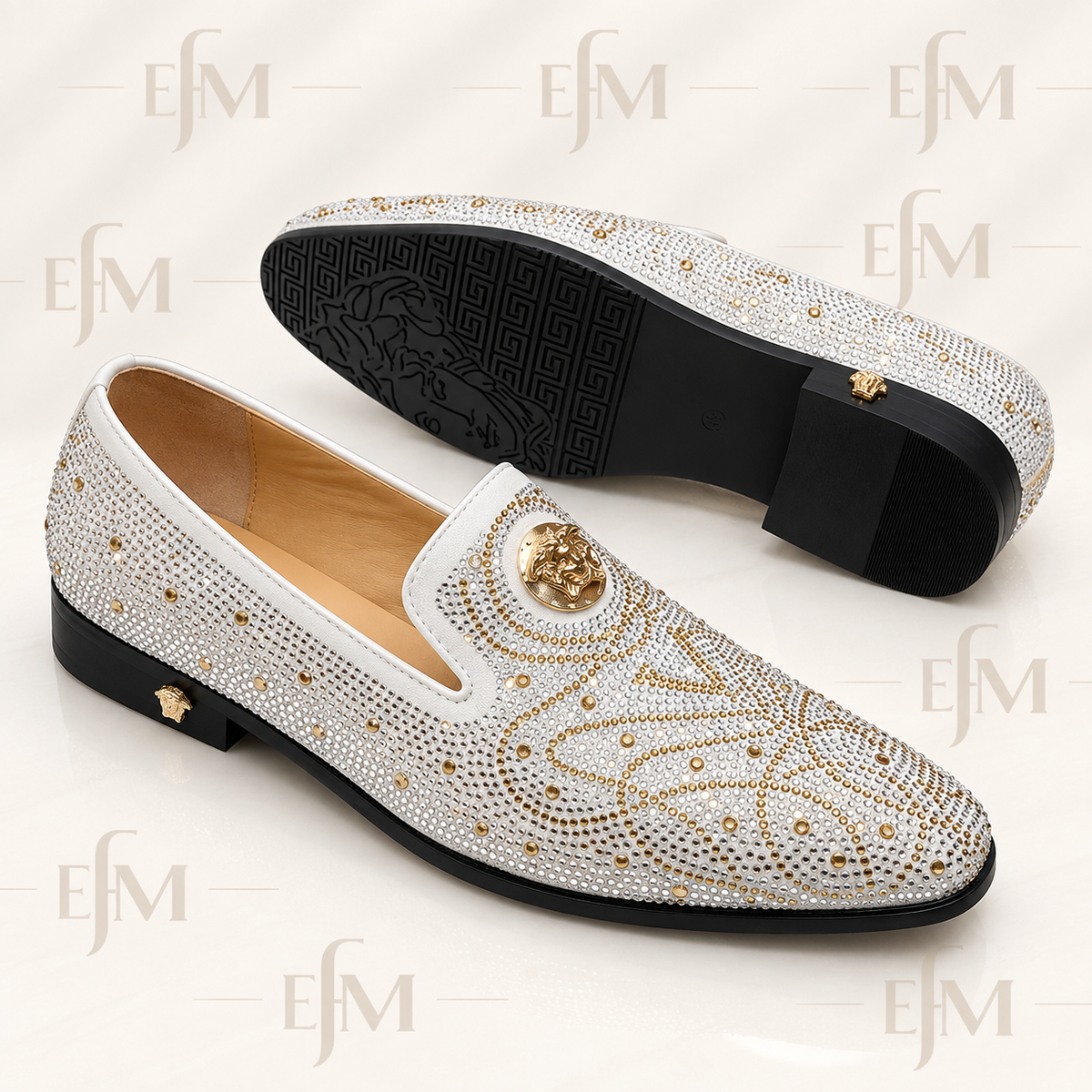 Swirl-Pattern Medallion Loafers – White