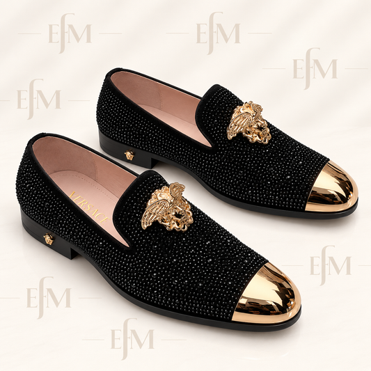 Studded Crest Cap-Toe Loafers – Black