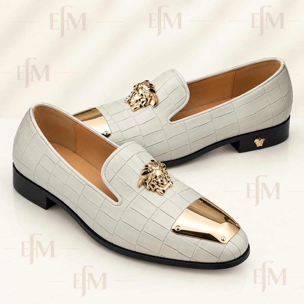 Gold-Cap Crocodile-Embossed Loafers – White