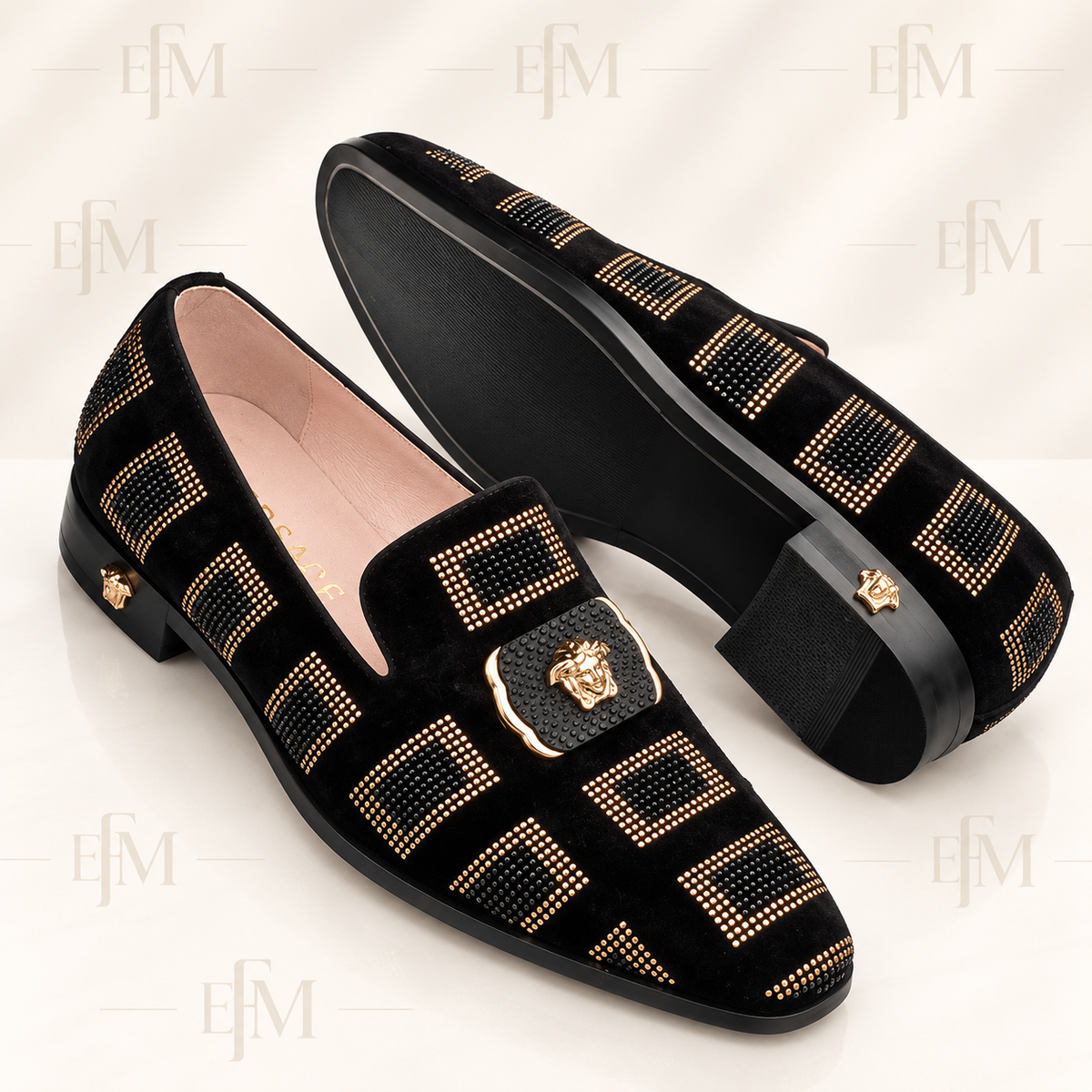 Studded Square-Pattern Medallion Loafers – Black