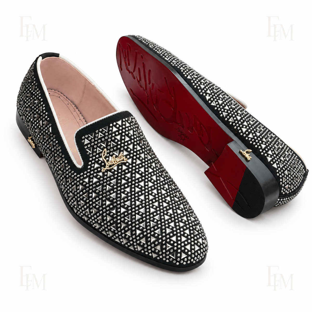 Striped Triangular-Stud Loafers – Black and Silver