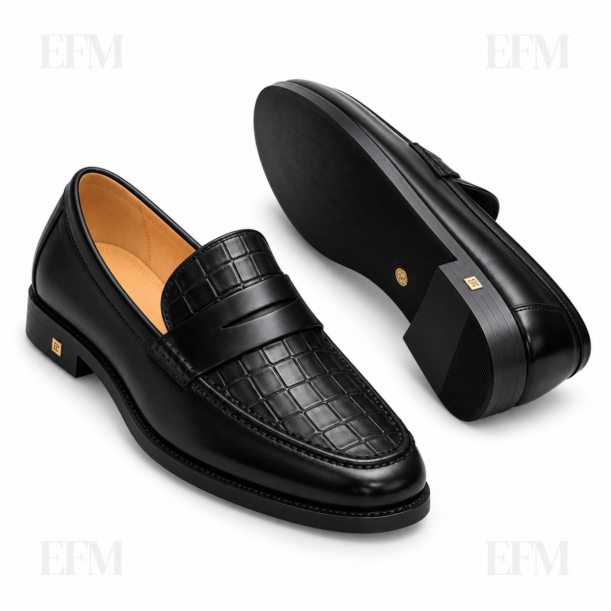 Crocodile-Panel Penny Loafers – Black