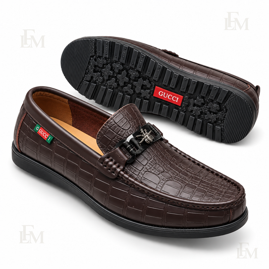 Crocodile-Textured Metal-Accent Loafers – Black & Dark Brown