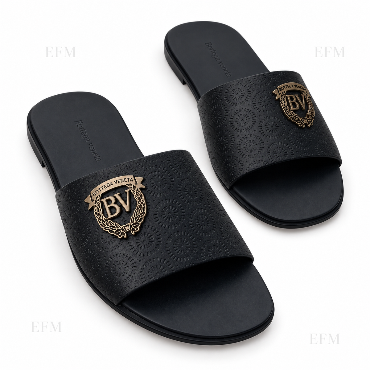 Circular-Embossed Crest Slides – Black