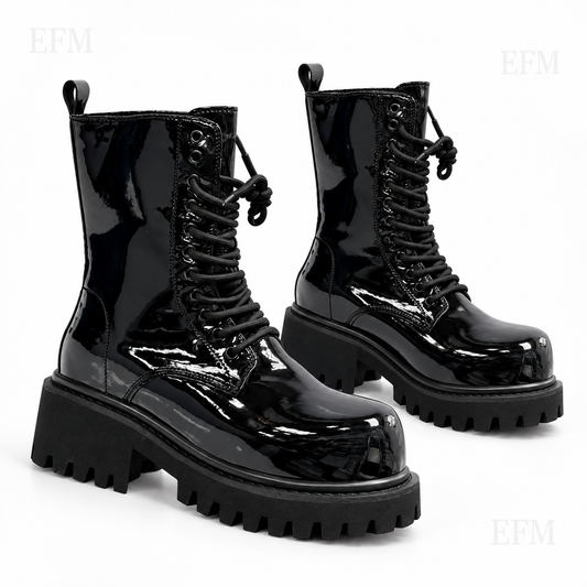 Patent Toe-Stud Combat Boots – Black