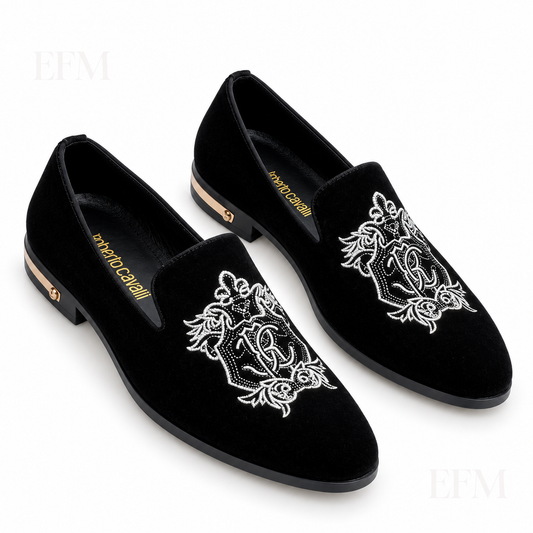 Embroidered Shield Dress Loafers – Black
