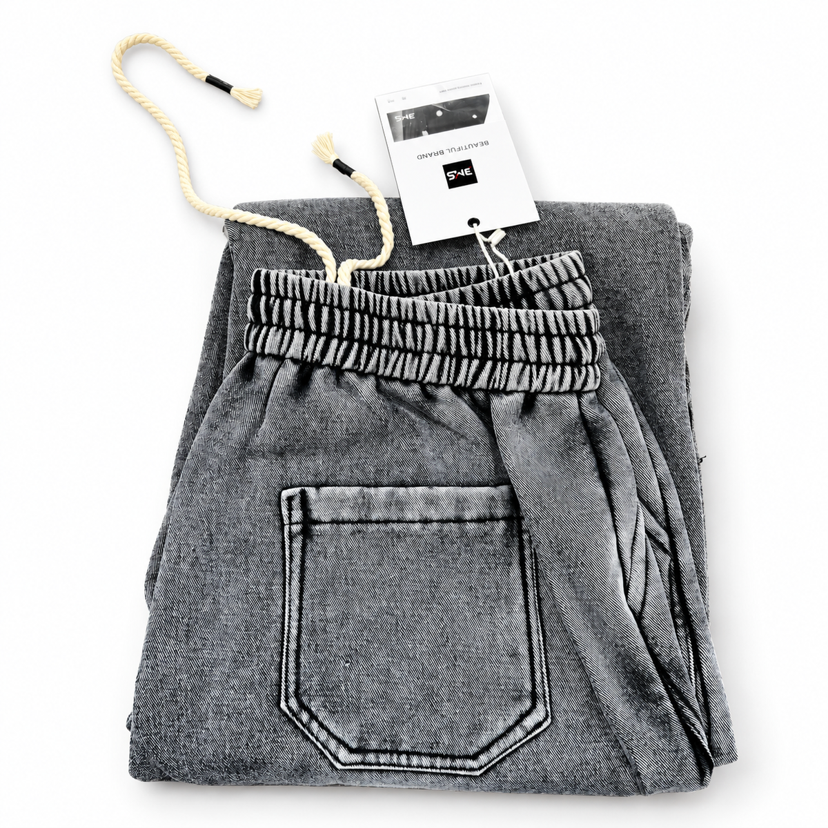 Graphic Drawstring Denim Jogger Jeans — Grey and Black