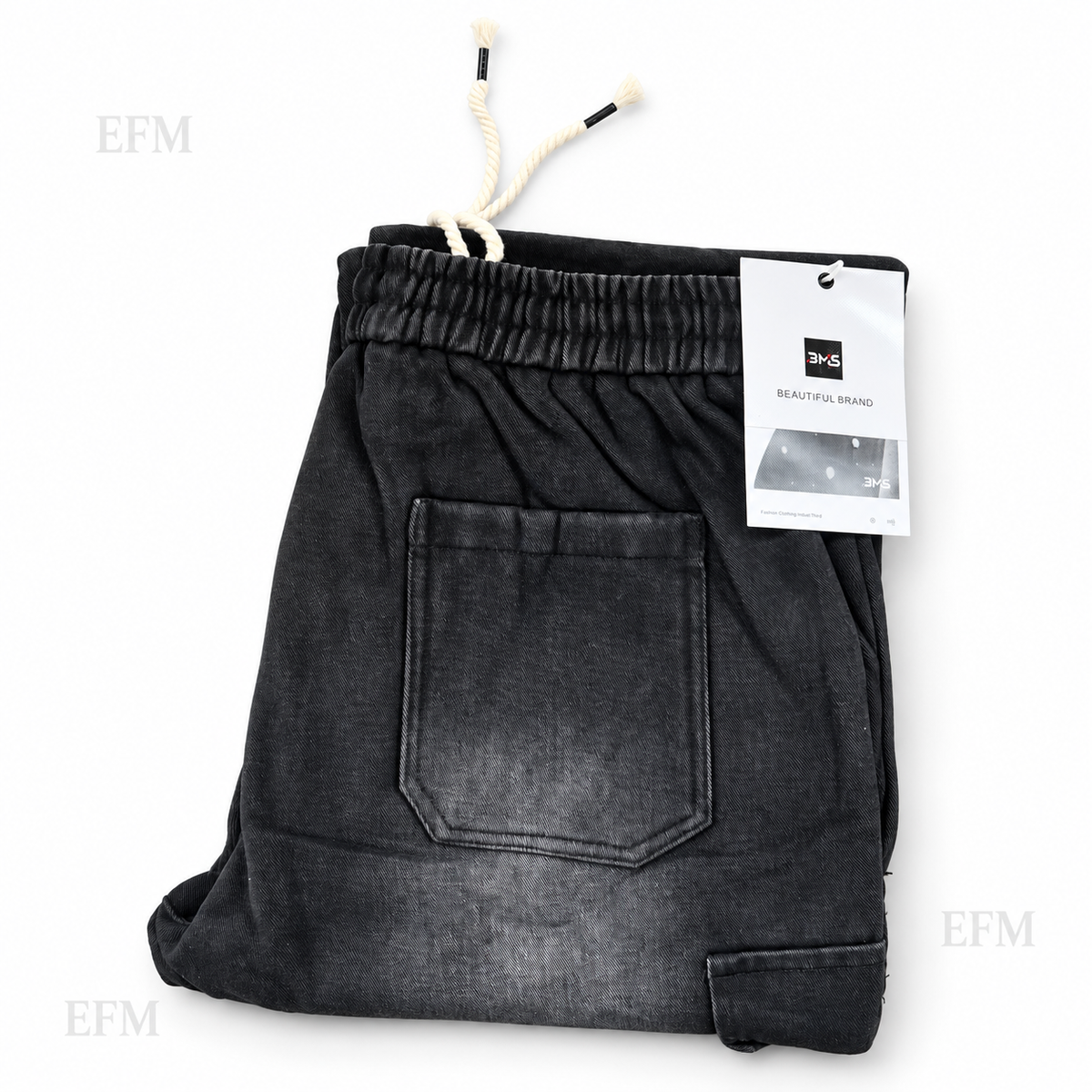 Graphic Drawstring Denim Jogger Jeans — Grey and Black