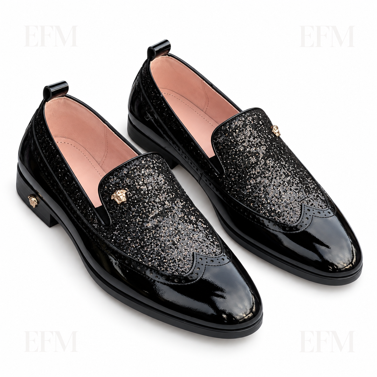 Glitter-Panel Wingtip Loafers – Black