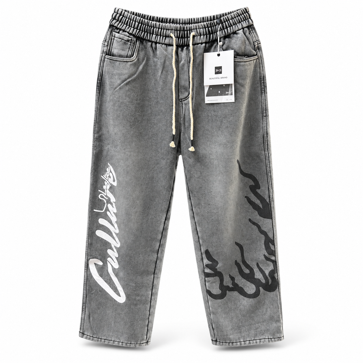 Graphic Drawstring Denim Jogger Jeans — Grey and Black