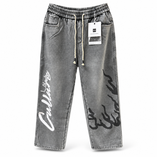 Graphic Drawstring Denim Jogger Jeans — Grey and Black
