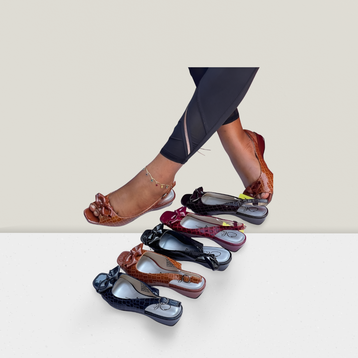 Croc-Texture Bow Flat Sandal