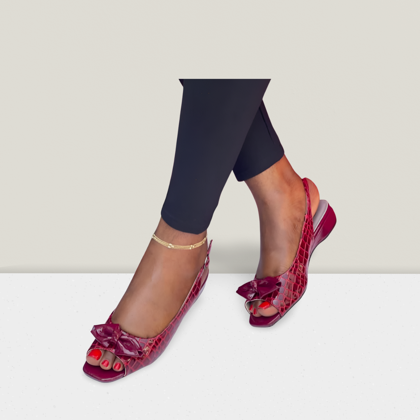 Croc-Texture Bow Flat Sandal