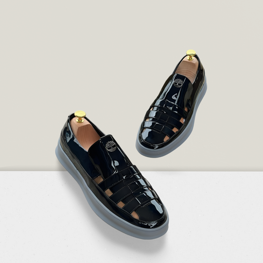 Black Patent Cage-Style Designer Sandal Shoe