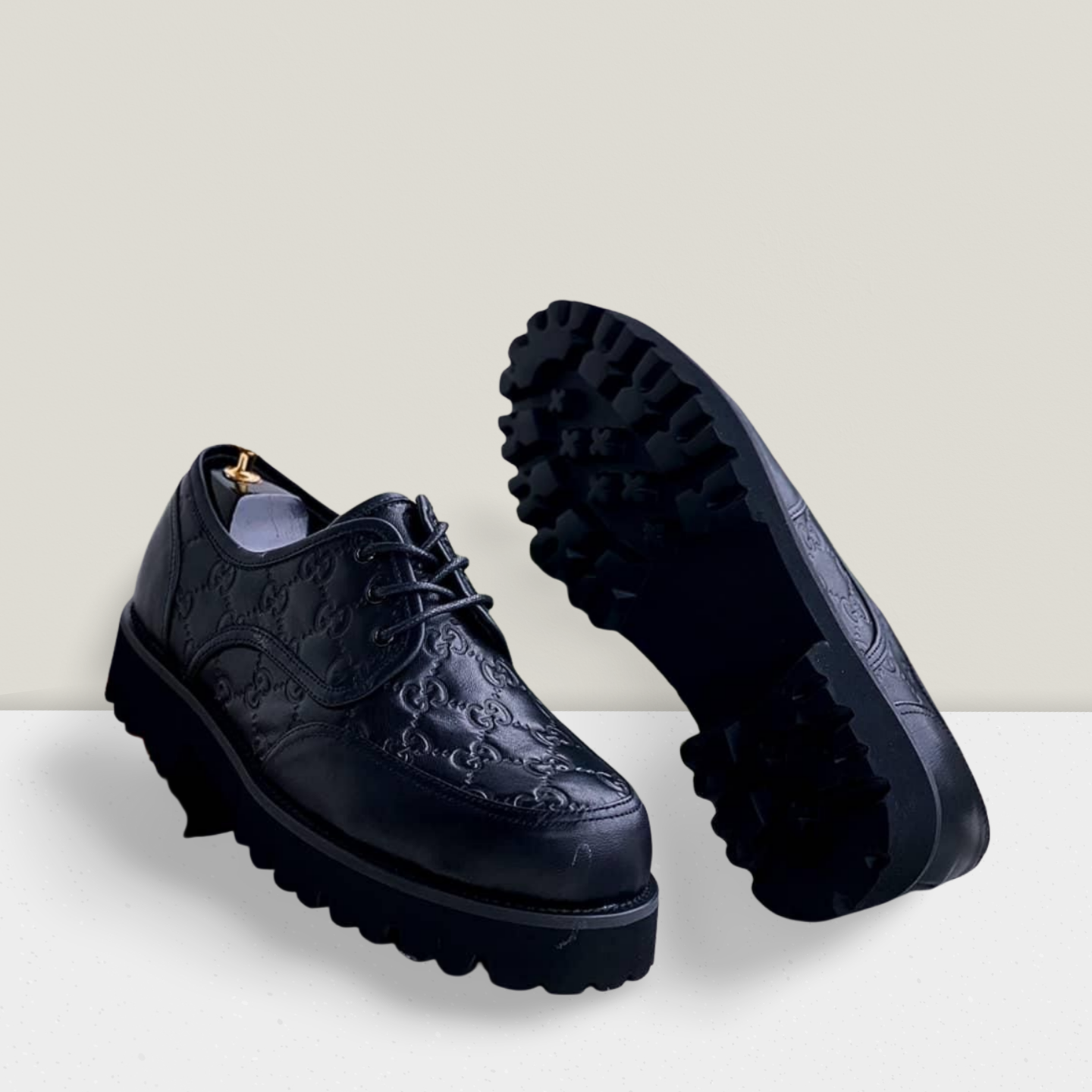 Embossed Black Leather Chunky Derby