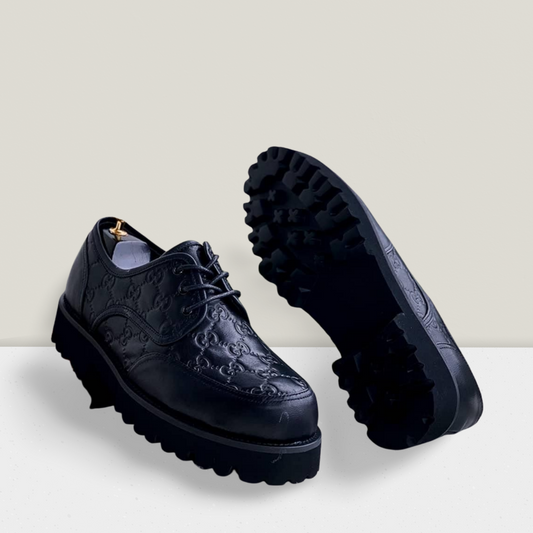 Embossed Black Leather Chunky Derby