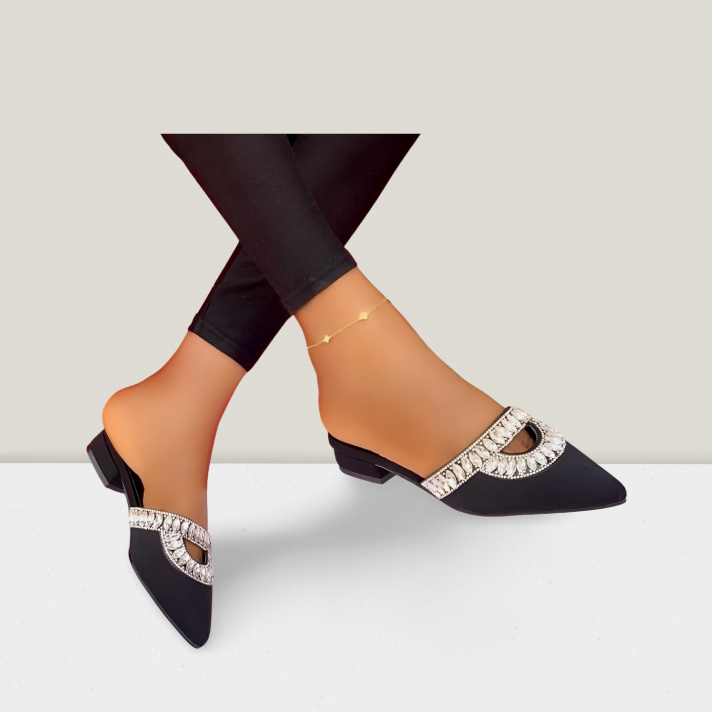 Crystal Accent Pointed-Toe Mule Heels