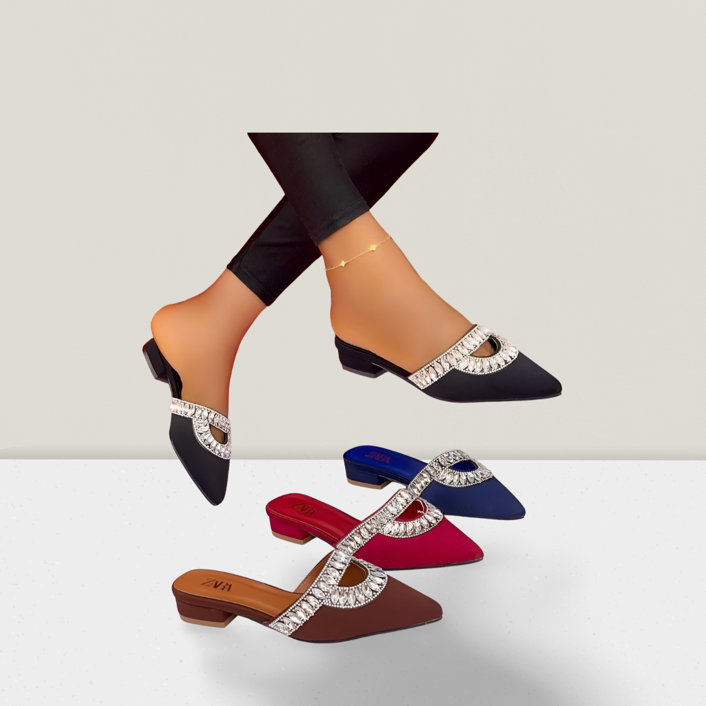 Crystal Accent Pointed-Toe Mule Heels