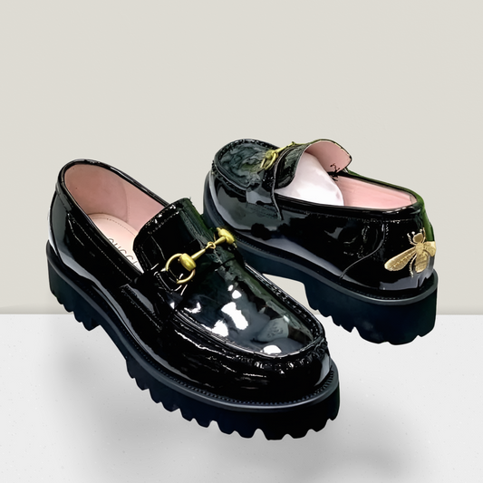 Men’s Luxury Patent Chunky Platform Loafer – Black with Gold Horsebit