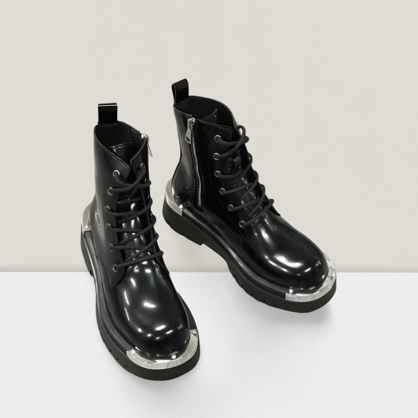 Men’s Zip-Detail Combat Boot – Black with Silver Accents
