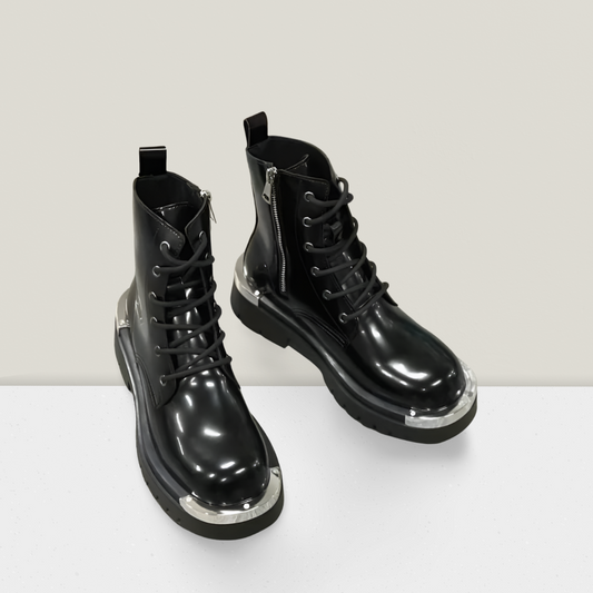 Men’s Zip-Detail Combat Boot – Black with Silver Accents
