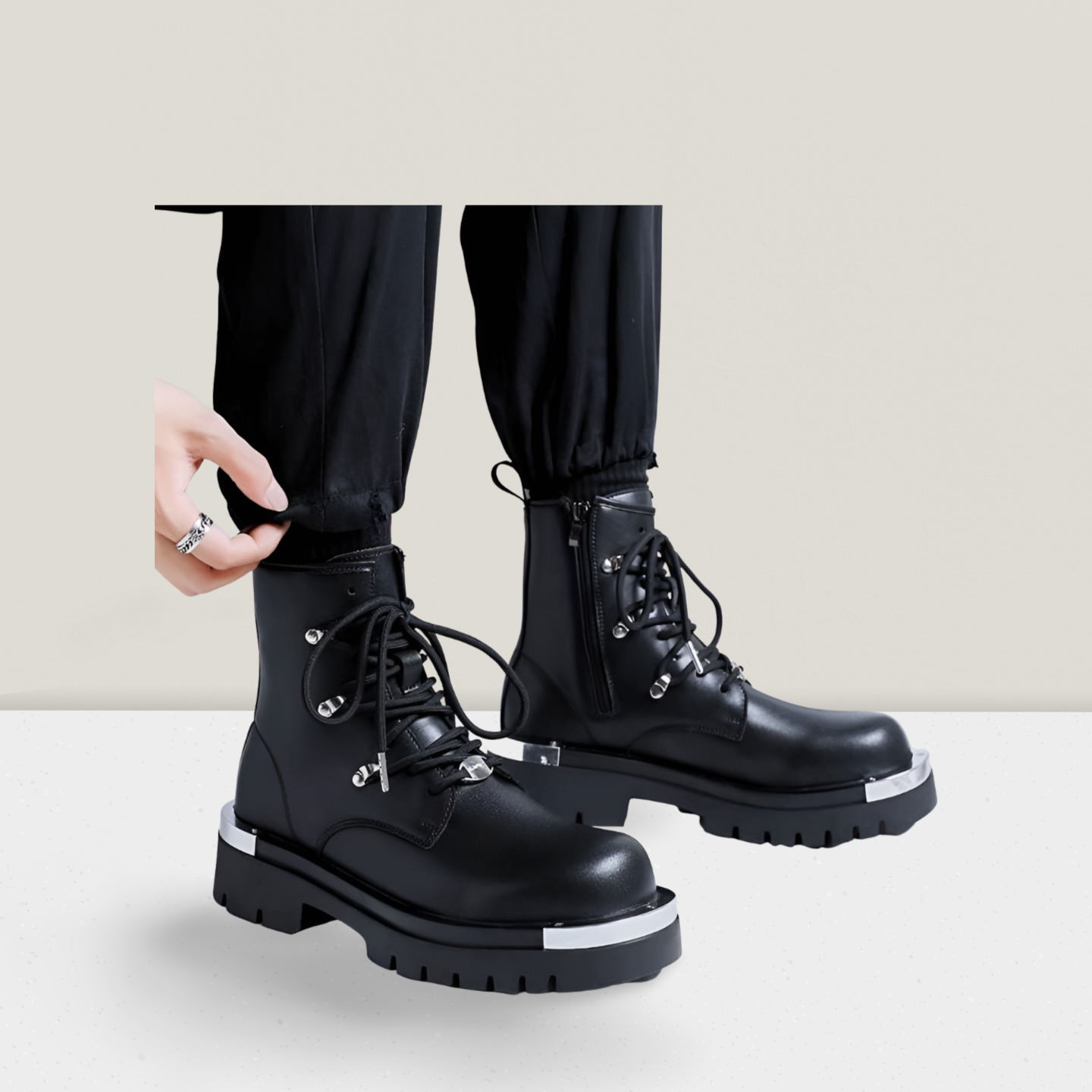 Men’s Zip-Detail Combat Boot – Black with Silver Accents