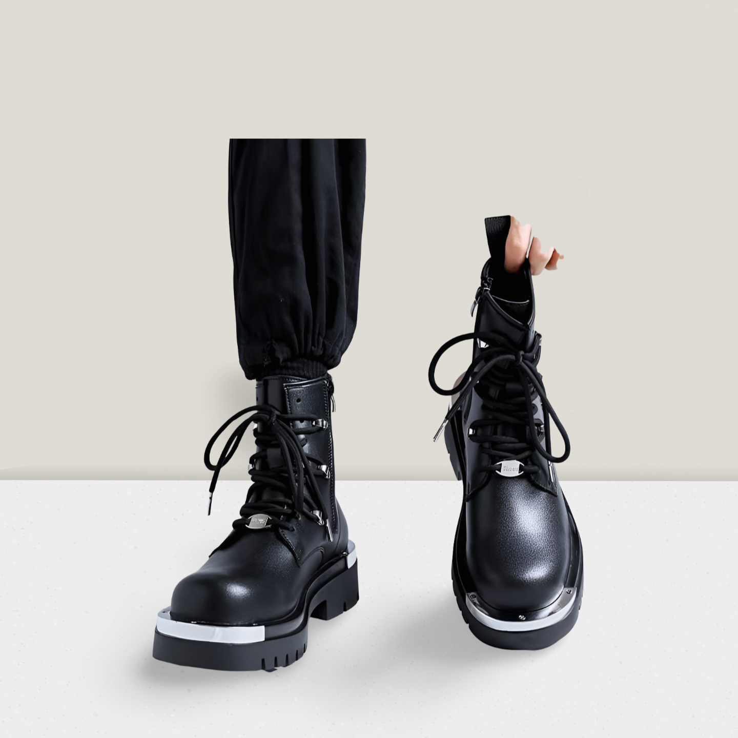 Men’s Zip-Detail Combat Boot – Black with Silver Accents