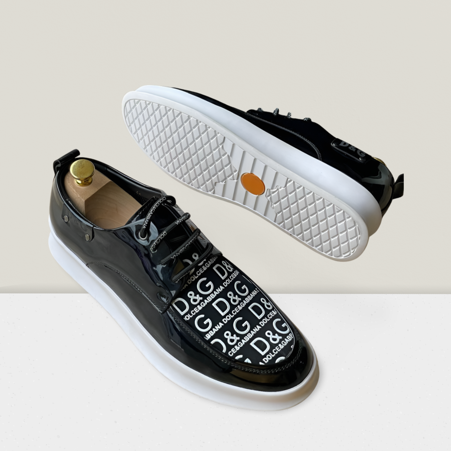 Black Patent Logo Print Low-Top Luxury Sneaker