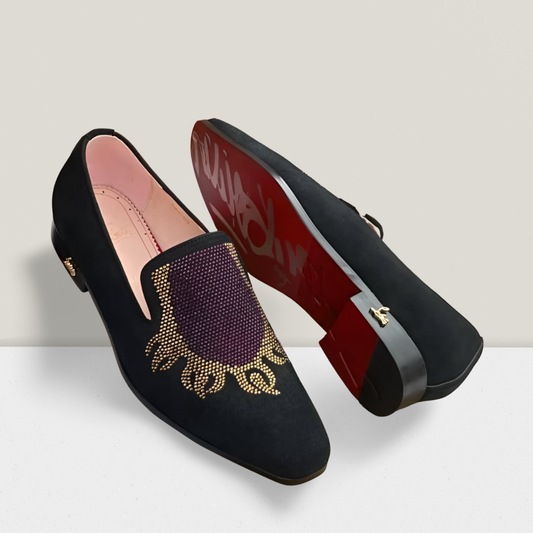 Black Velvet Slip-On Loafer with Gold Crystal Crest