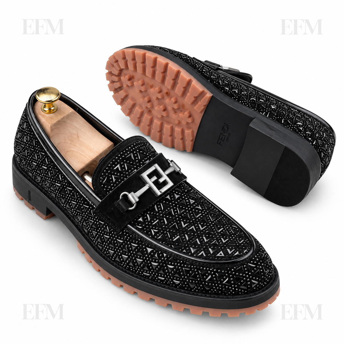 Triangular-Stud Bit Lug Loafers – Black