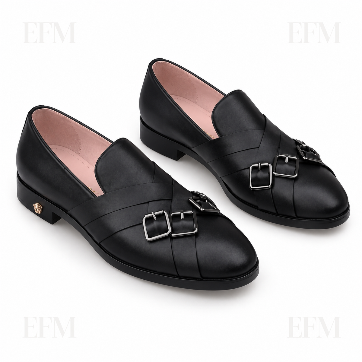 Triple-Buckle Crossover Loafers – Black
