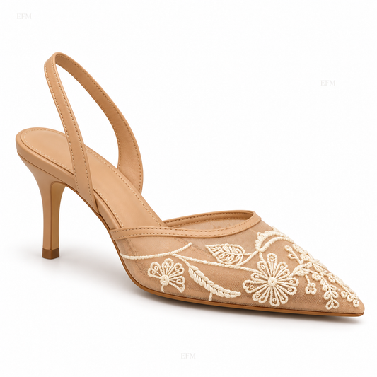 Floral Embroidered Mesh Slingback Heels